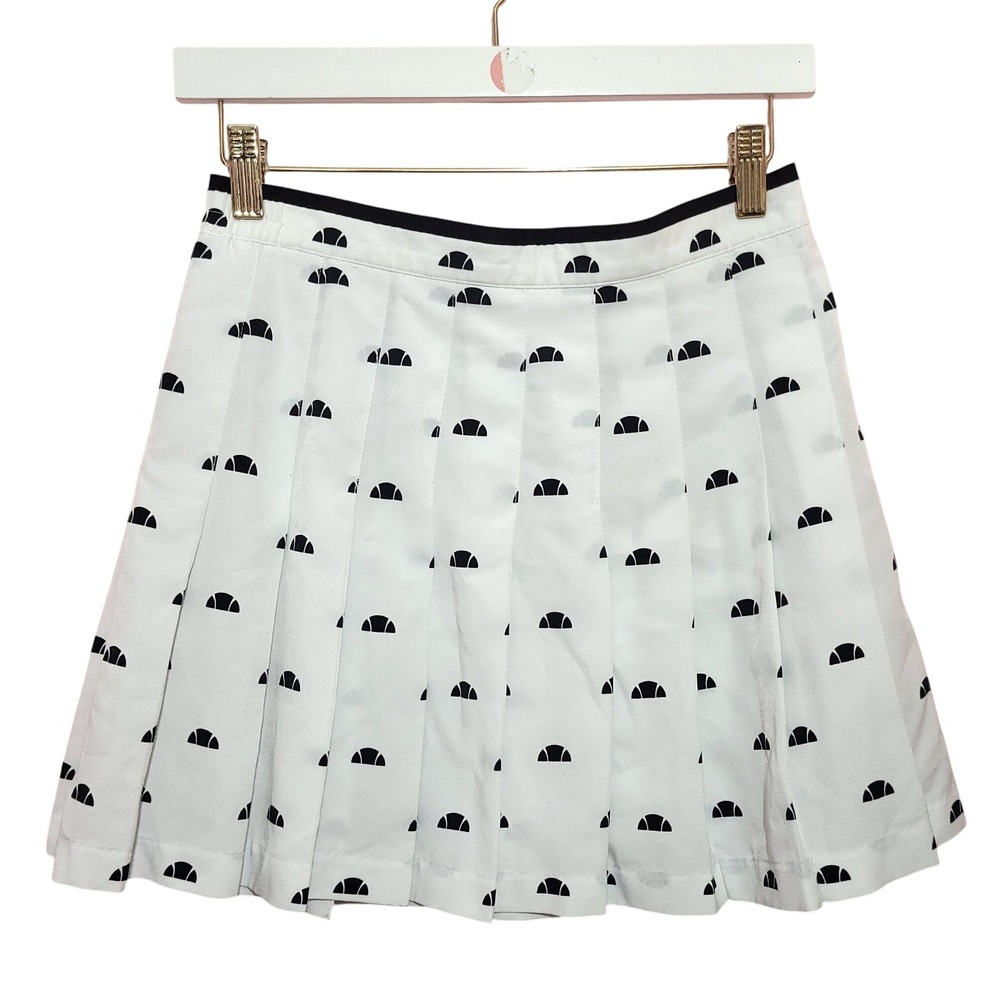 Ellesse White Black Logo Print Pleated Tennis Skirt 8 Vintage Style 70s Sporty